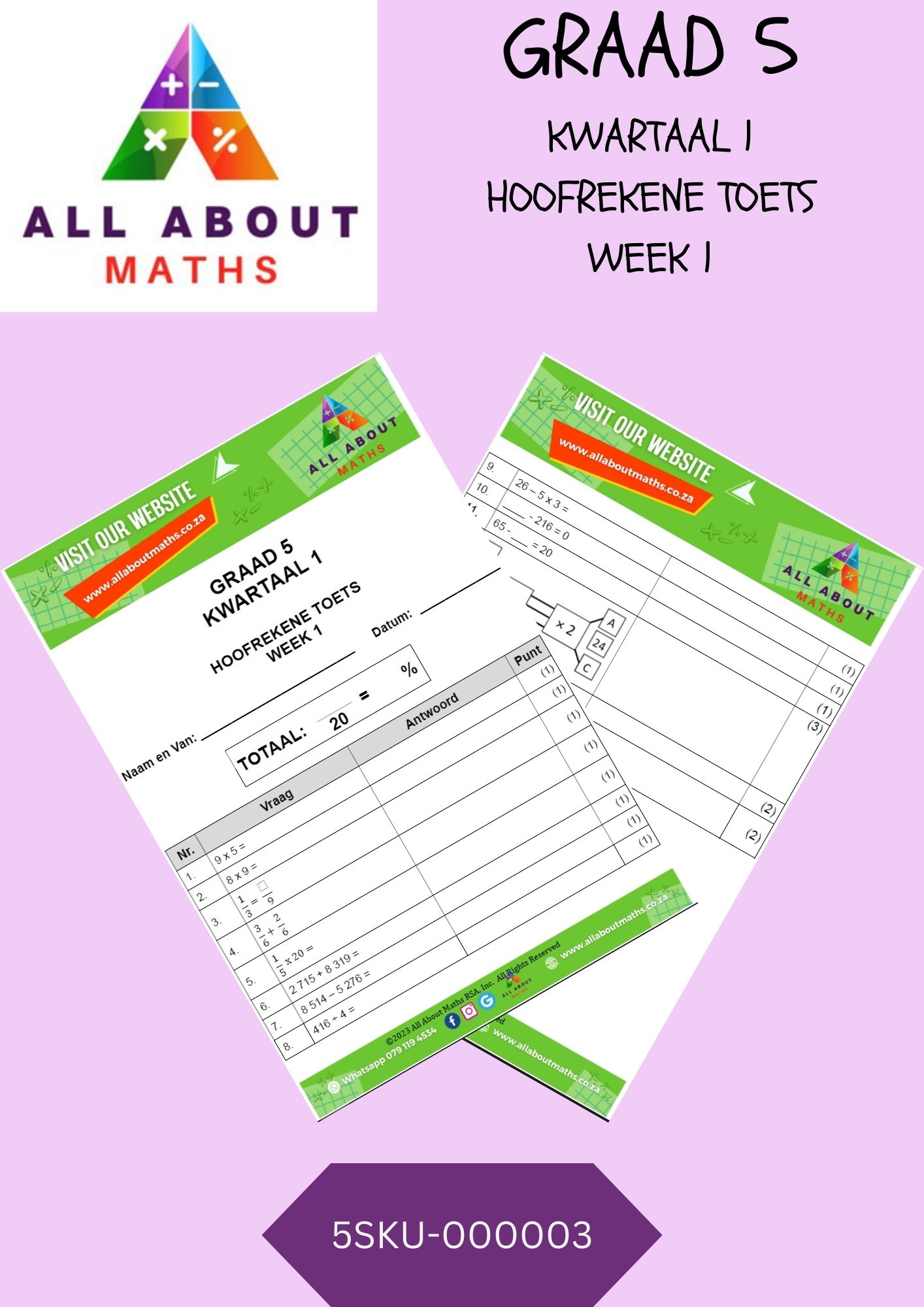 Graad 5 - Kwartaal 1: Hoofrekene Toets - Week 1 5SKU 000003