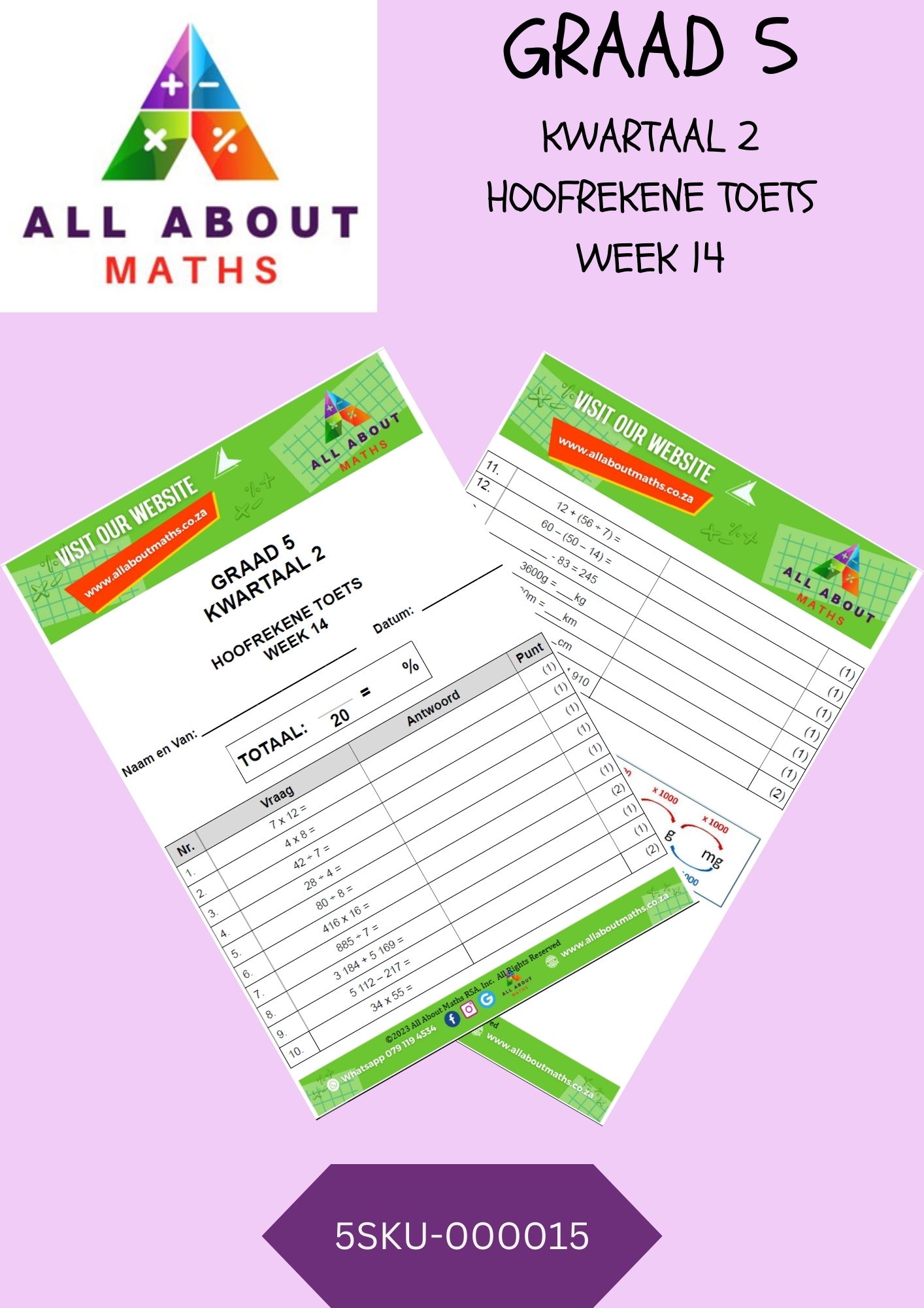 Graad 5 - Kwartaal 2: Hoofrekene Toets - Week 14 5SKU 000015
