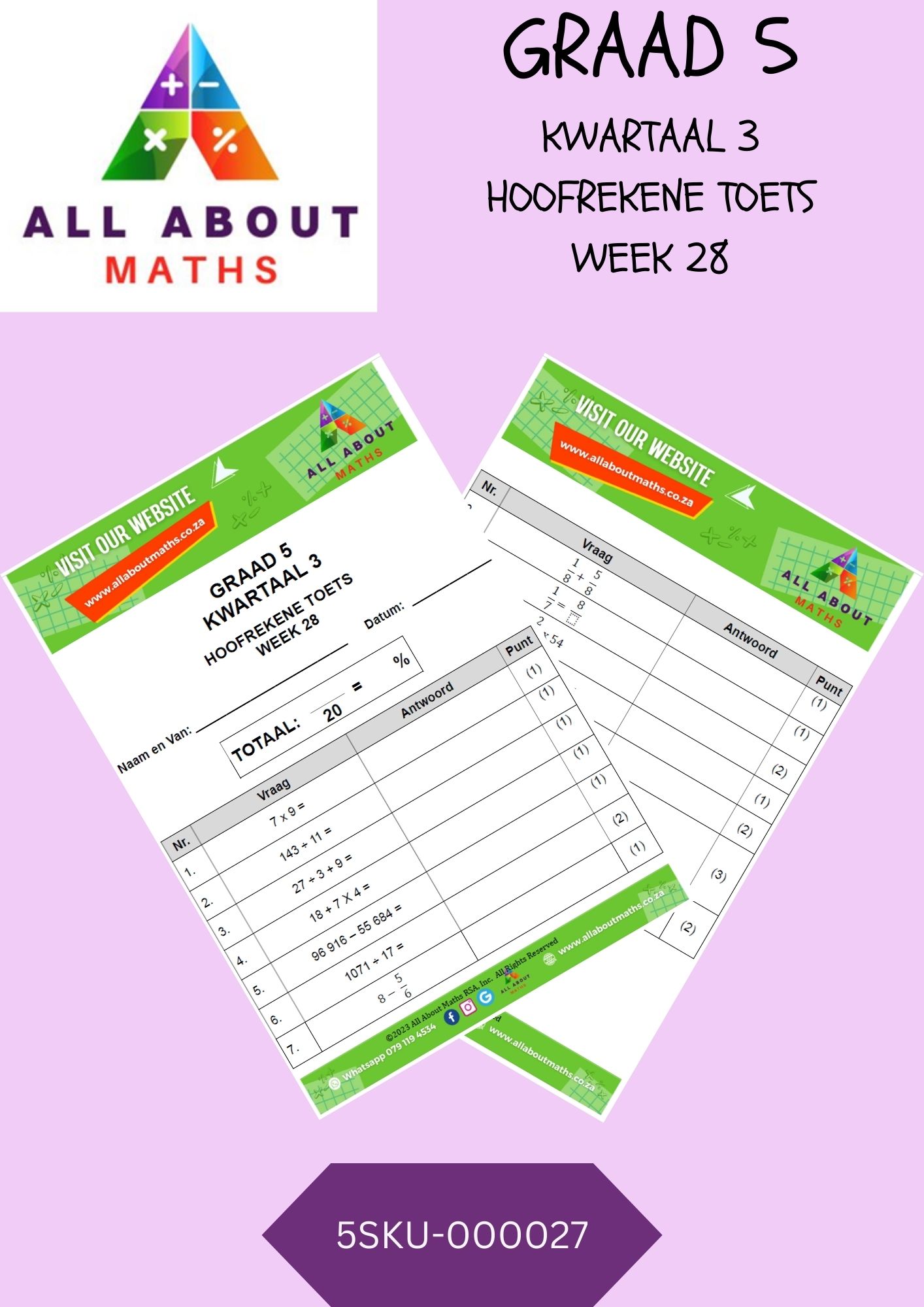 Graad 5 - Kwartaal 3: Hoofrekene Toets - Week 28 5SKU 000027