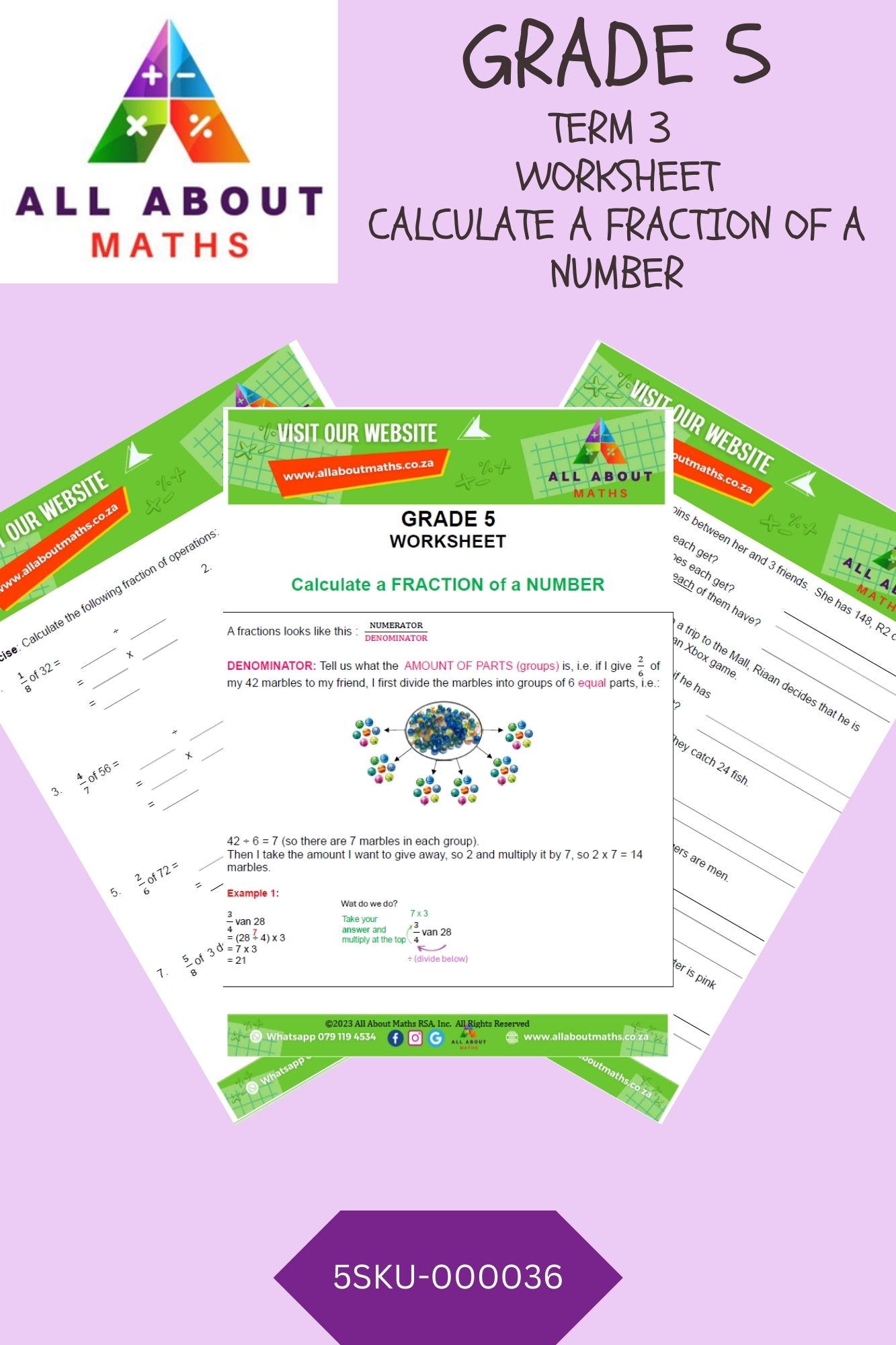 Grade 5 - Fractions - Worksheet: Fraction of a number 5SKU 000036