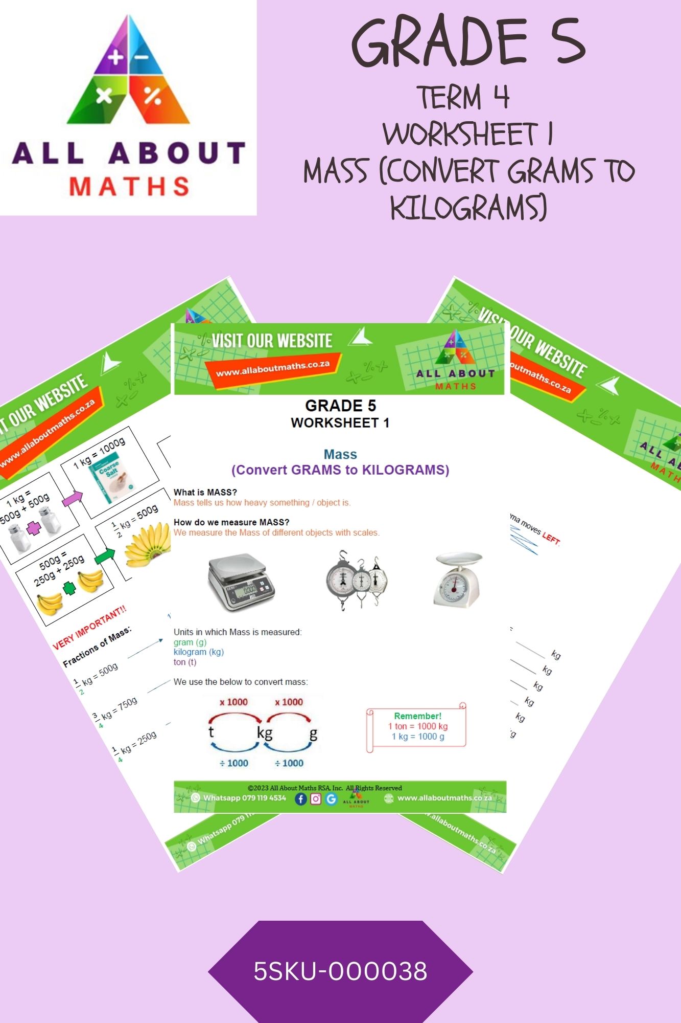 Grade 5 - Mass: Worksheet 1 - Conversion of GRAM to KG 5SKU 000038