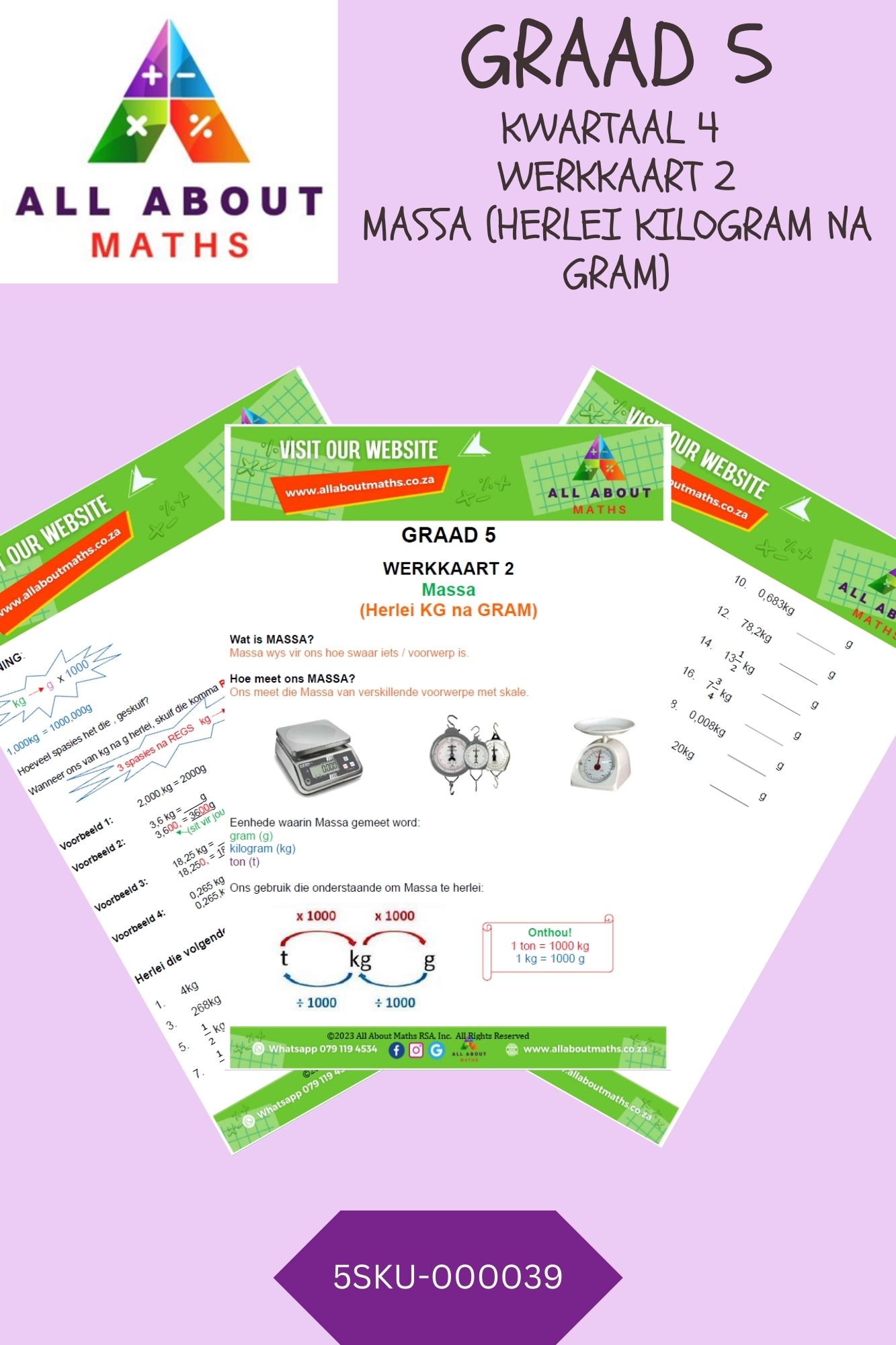 Graad 5 - Massa: Werkkaart 2 - Herleiding van KG na GRAM 5SKU 000039