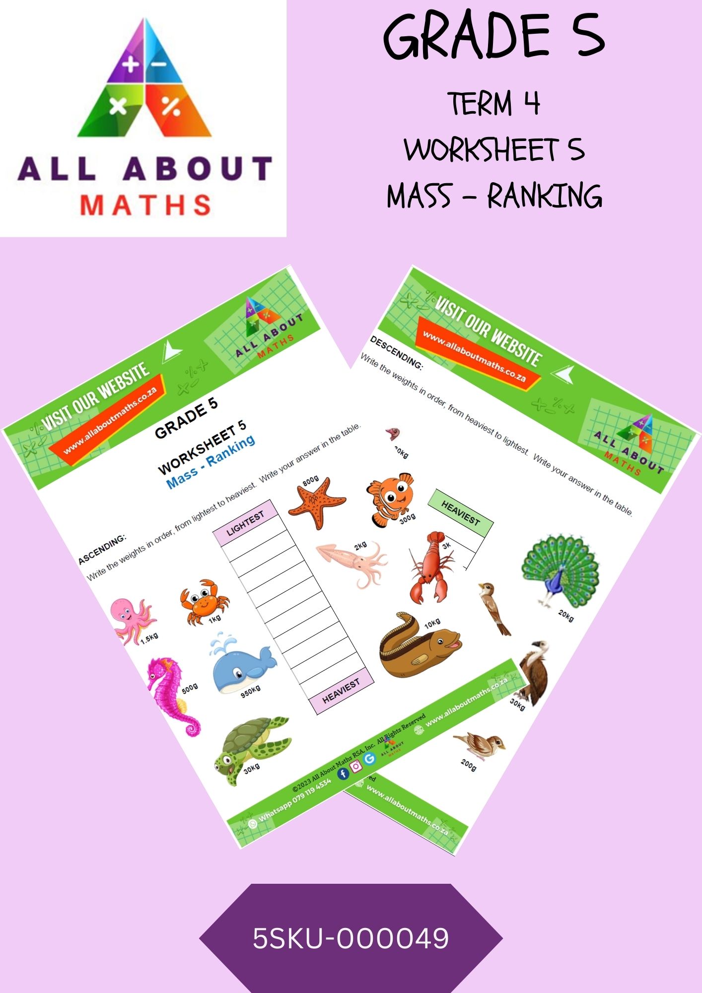 Grade 5 - Mass: Worksheet 5 - Arrangement of Weights 5SKU 000049