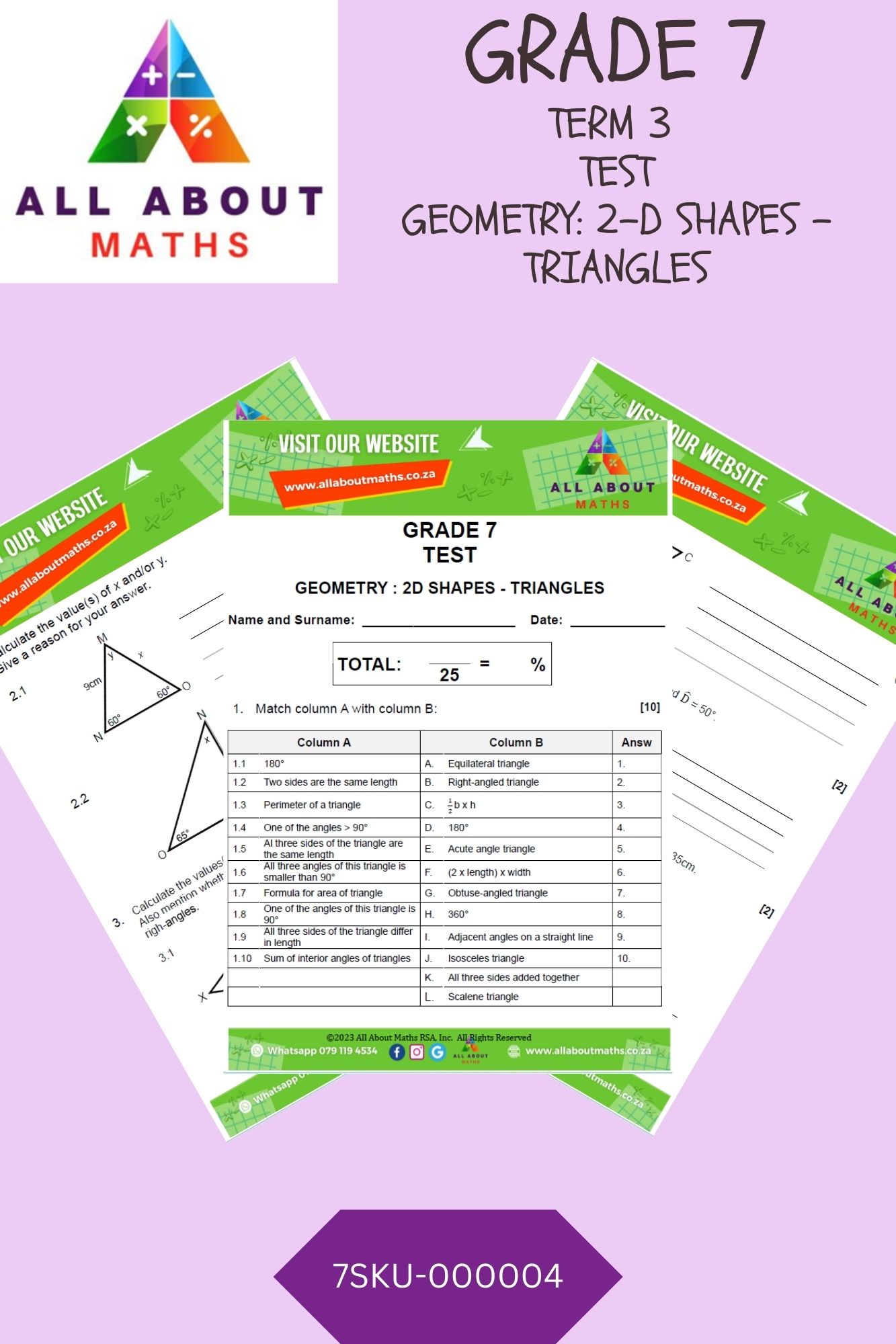 Grade 7 - Geometry Test: 2D Shapes - Triangles 7SKU 000004