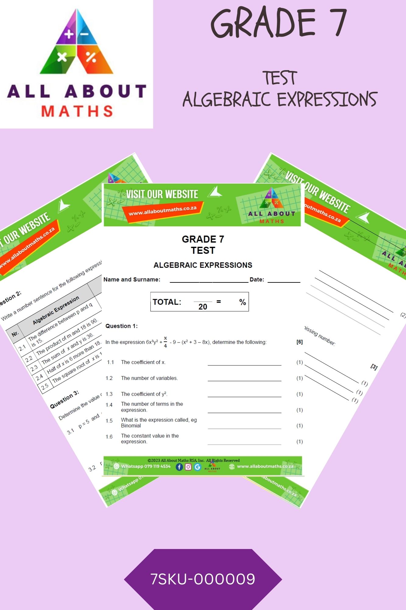 Grade 7 - Test: Algebraic Expressions 7SKU 000009