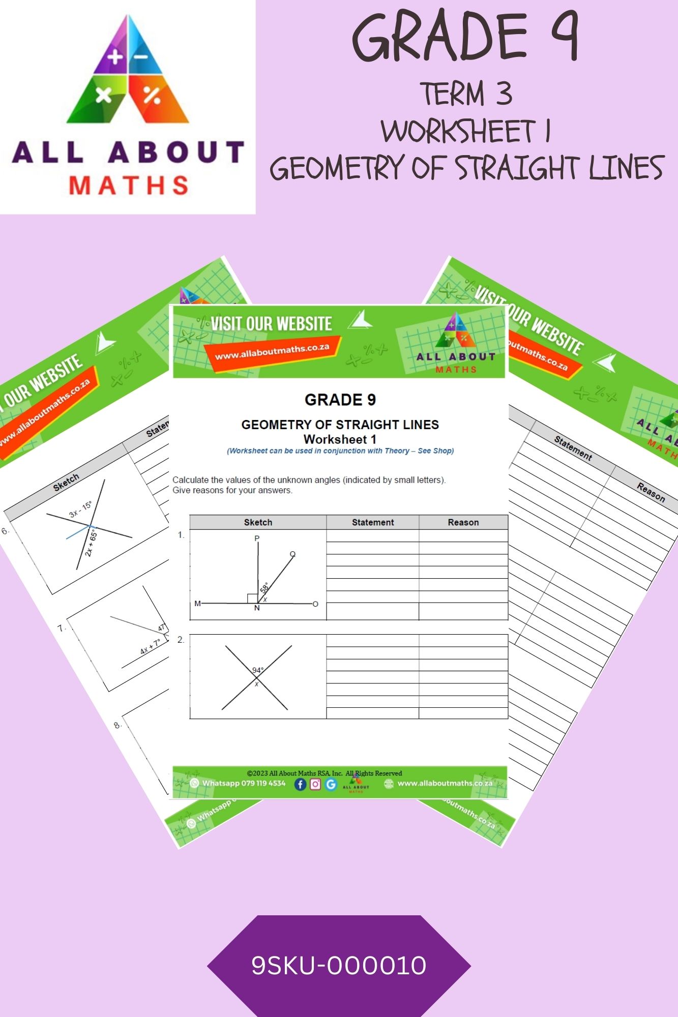 Grade 9 - Worksheet 1: Geometry of straight lines 9SKU 000010