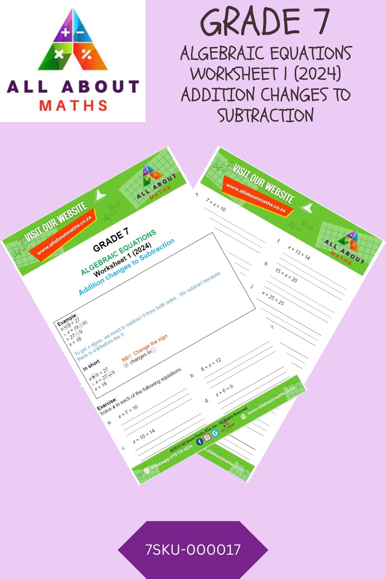 Grade 7 - Worksheet: Algebraic Equations - Addition changes to Subtraction 7SKU 000017