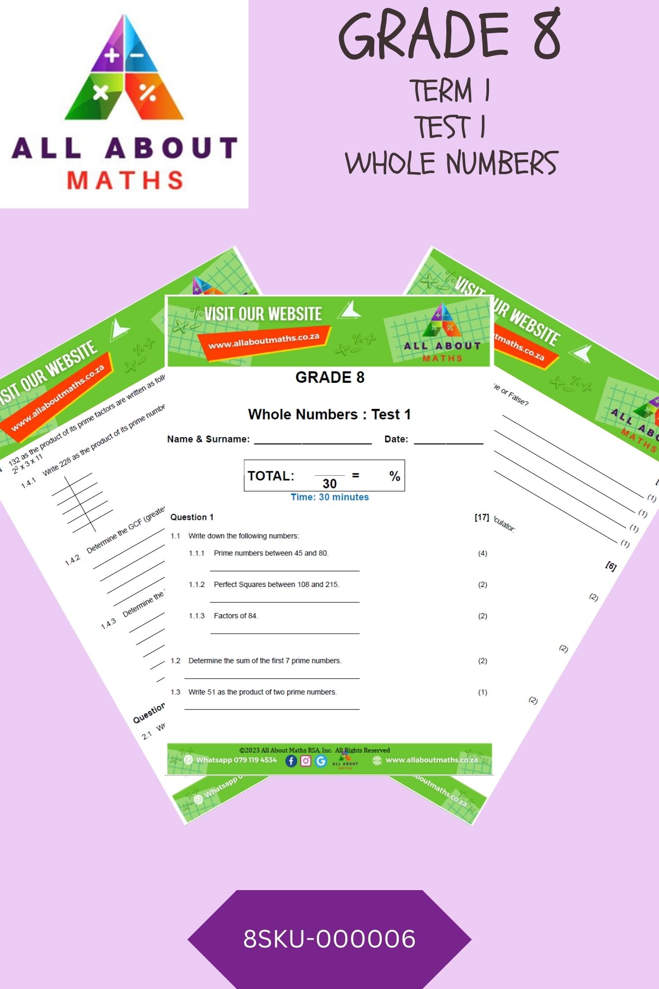 GRADE 8 - REVISION TEST: WHOLE NUMBERS 8SKU 000006