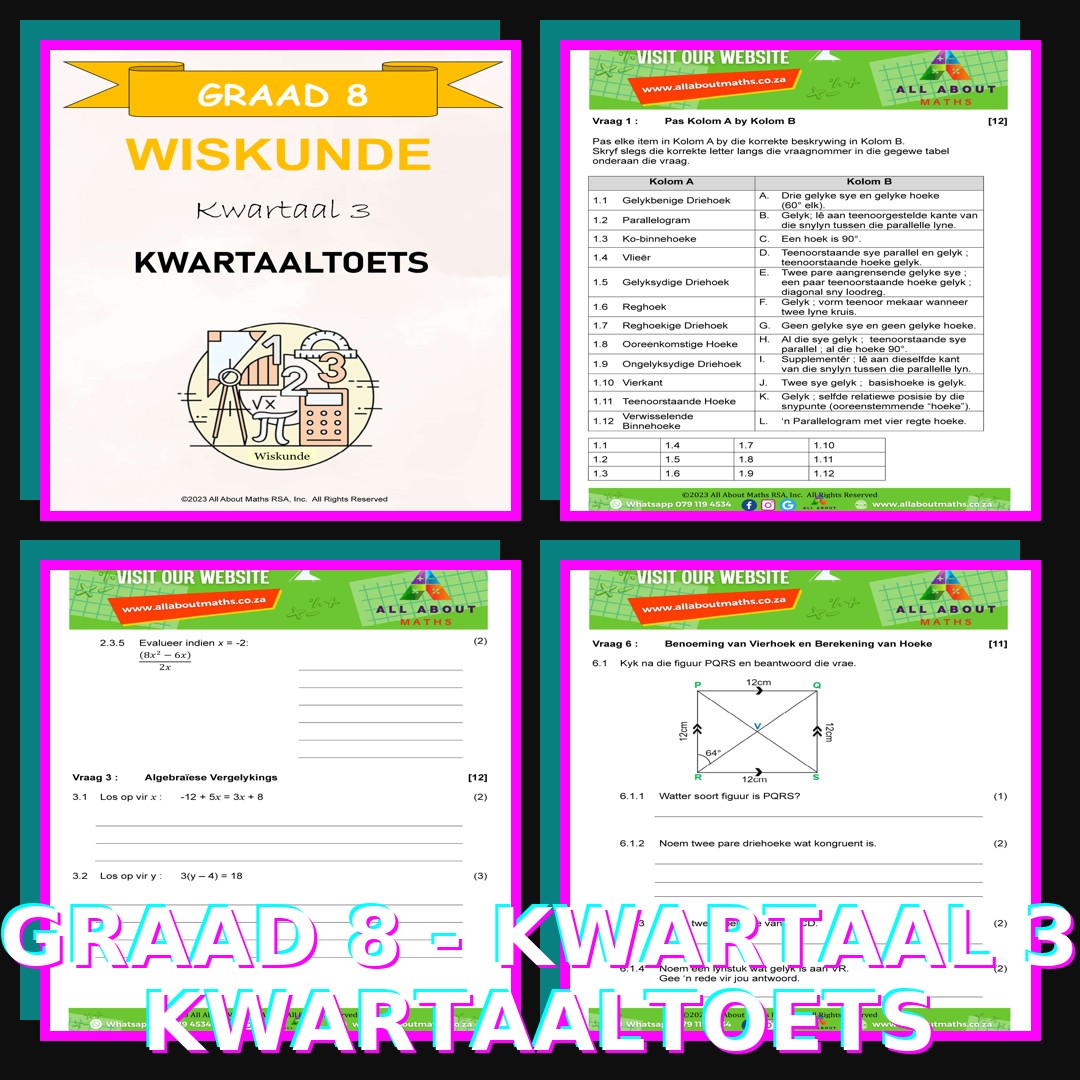 Graad 8 Wiskunde Kwartaal 3 Toets (70 punte, PDF, KABV-belyn) graad kwartaal collage grid